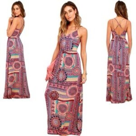 Lulu's Sunrise to Sunset Coral Pink Print Maxi Dress - Picture 1 of 9